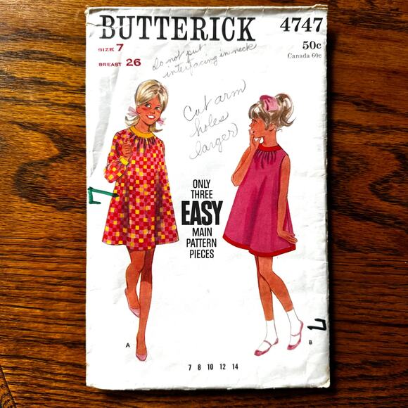 Vintage 1960s Butterick 4747 Sewing Pattern Girls Size S Mini Dress COMPLETE - Picture 1 of 2